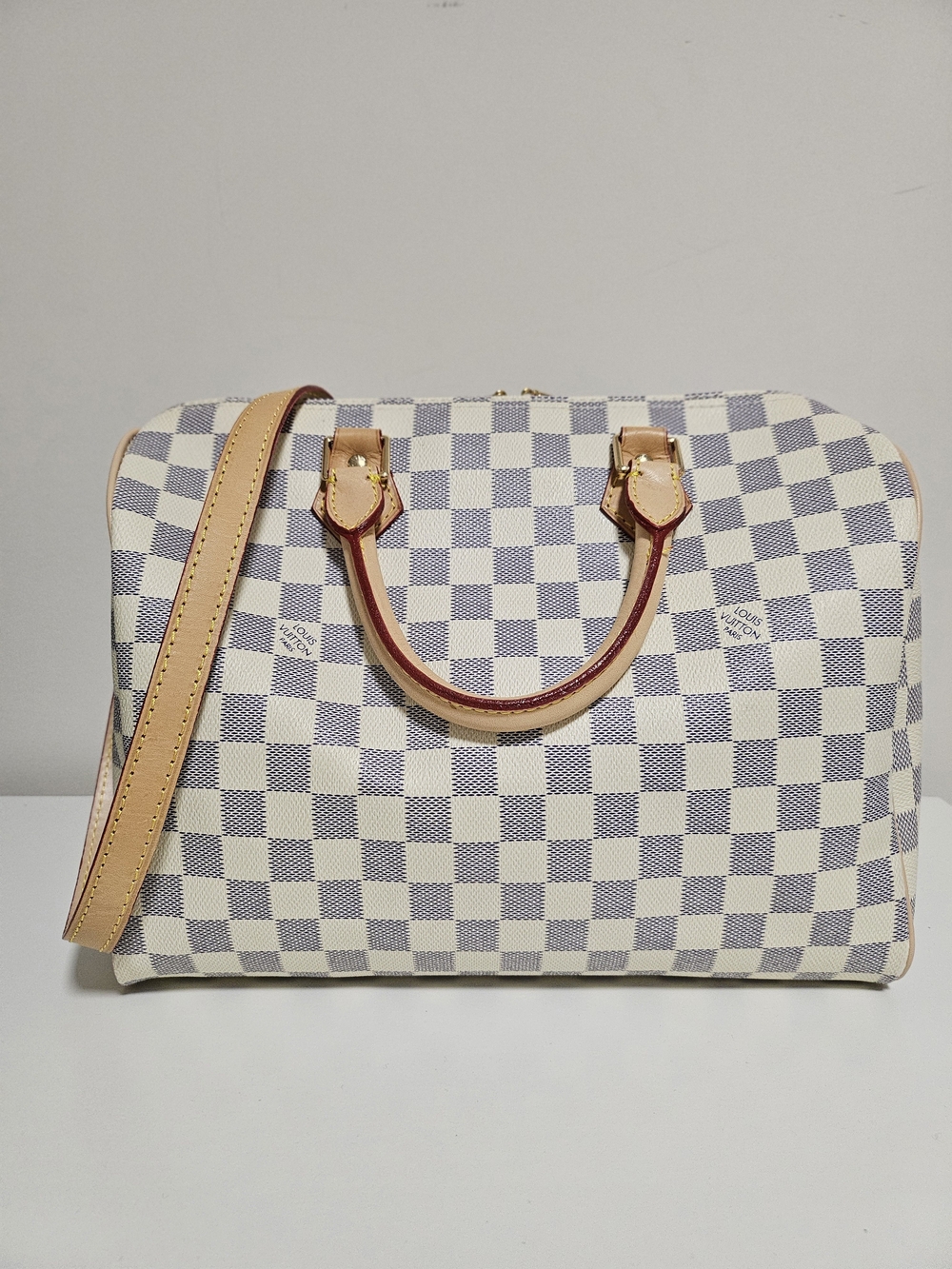 Designer-Inspired White Checkered Satchel with Tan Leather Trim